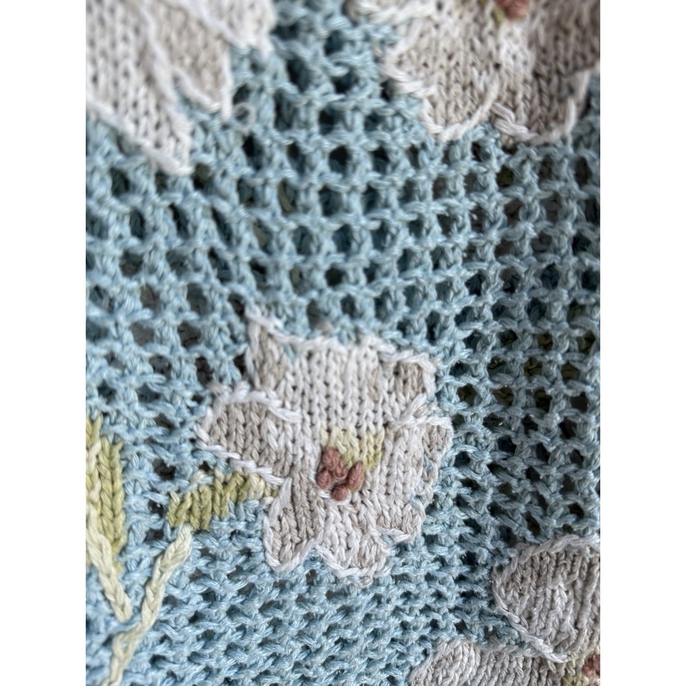 David Brooks Cardigan Open Weave Sweater Womens Medium Blue White Floral Vintage - Picture 4 of 10